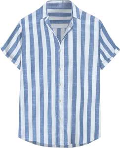 Chemise habillée décontractée pour homme, élégante, à manches courtes, boutonnée, perlée, rayée, 100 % polyester, chemise de plage - Product Image 6