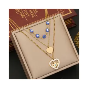 HP Love Pendant Stainless Steel Double Layer Necklace For Women Multi Layer Evil Eye Pendant Necklace