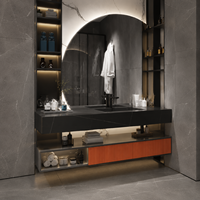 Meuble-lavabo mural de salle de bain moderne de luxe orange cannelé avec vasque, miroir LED et étagère ouverte pour projets hôteliers