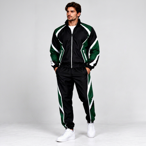 Ensemble de survêtement personnalisé pour homme, vert forêt et noir, coupe-vent, avec veste à col montant zippée et pantalon de survêtement à revers assorti - Product Image 1