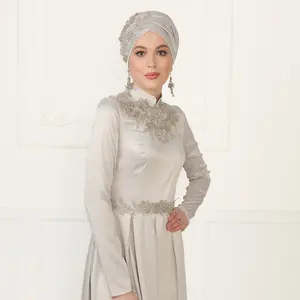 Vestido largo musulmán de manga larga Vestido de novia de cuello alto para Nikah Vestido de novia modesto