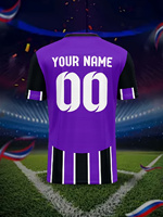 Camiseta de Fútbol Personalizada con Franjas Verticales Moradas y Negras, Fabricación OEM, Nombre y Número del Equipo Personalizados, Uniforme de Fútbol Masculino de Secado Rápido