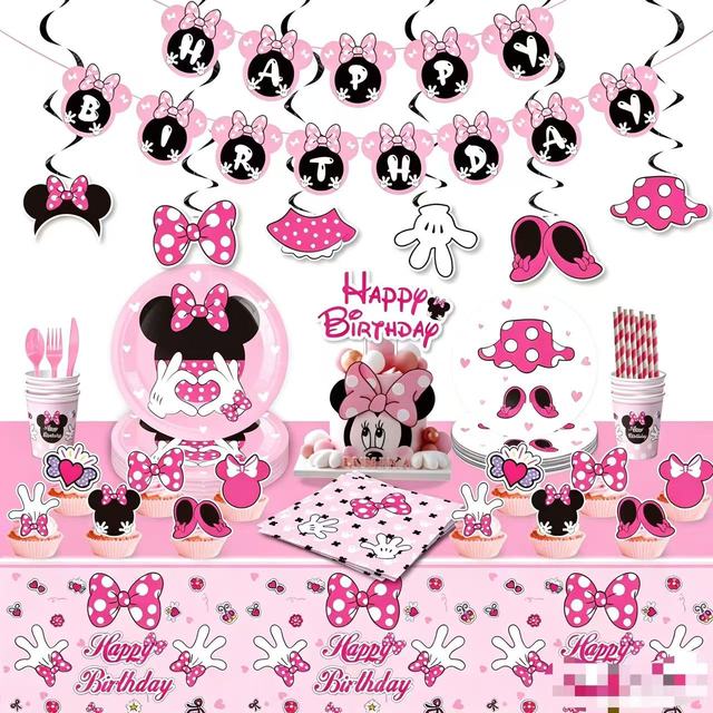 Customized Pink Mouse Cartoon Disposable Tableware Paper Cups Plates Tablecloth for Girls Baby Shower Birthday Party Decorations