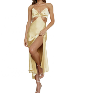 Seksi Cut Out yüksek yarık balo kıyafetleri parti uzun saten gece elbisesi - Product Image 5