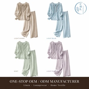 Completo Estivo <span class=keywords><strong>Donna</strong></span> 2026 Nuovo in Cotone <span class=keywords><strong>Lino</strong></span> con Decorazioni in Pizzo, Blusa e <span class=keywords><strong>Pantaloni</strong></span> a Gamba Larga Stile Cinese, Top con Scollo a V e <span class=keywords><strong>Pantaloni</strong></span> a Gamba Dritta Casual - Product Image 2