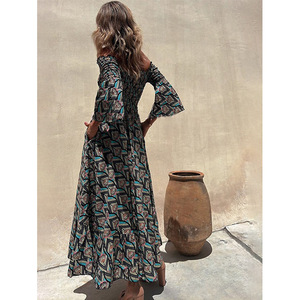 On01237 Vestido estampado europeo y americano para mujer, con hombros descubiertos, entallado en la cintura, adelgazante, moderno, ajustado y versátil, en stock. - Product Image 2