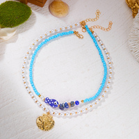 Kalung Liontin Bintang Laut dan Kerang RINHOO untuk Musim Panas, Kalung Choker Ikan Mutiara Manik-Manik Warna-Warni Gaya Boho untuk Wanita, Perhiasan Pesta Liburan