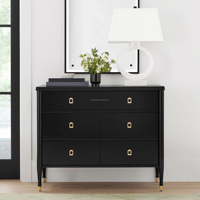 Commode à six tiroirs noire de style français avec quincaillerie dorée, élégante commode de rangement pour chambre à coucher et armoire autoportante pour la décoration intérieure