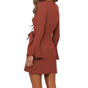 Robes d'automne sur mesure en gros, robes élégantes pour femmes, col rond, manches longues, coupe ajustée, pour femmes - Product Image 2