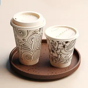 Tazas de papel con aislamiento térmico de doble pared desechables respetuosas con el medio ambiente personalizadas con tapas para bebidas de café 8 10 12 oz 16 20oz