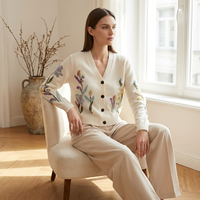 Personnalisé femmes élégant col en V profond Floral tricoté manteaux 100% laine à manches longues tricoté Cardigan pull pour l'automne hiver