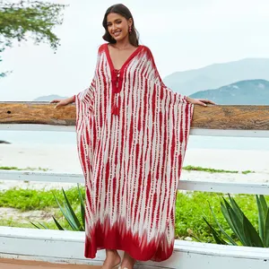 Pakaian Cina 100% gaun Maxi Bohemian Rayon gaun penutup pantai longgar Kaftan lengan panjang kapal siap kirim