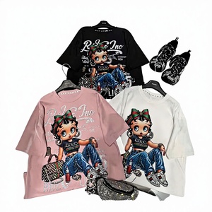 100% Cotton Women's Summer Long O-Neck Knitted 200g Bling Bling Fashion T-Shirt Breathable Loose Fit Cartoon <b>Rhinestones</b> Diamond - Product Image 2