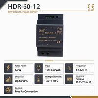 Alimentation électrique sur rail DIN mince 60W HDR-60, sortie CC 12V 24V, source d'alimentation à découpage CA pour contrôle PLC industriel