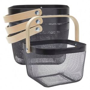 Hot Sale Black 4 Pack Hanging Storage <b>Shelf</b> Kitchen Storage Organization <b>Basket</b> Square Mesh Fruit <b>Basket</b> with Wooden Handle - Product Image 1