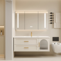 Mueble de Baño Flotante de Madera Maciza de Estilo Retro Francés de Lujo con Lavabo, Espejo LED Inteligente con Cristal Acanalado Arqueado, Juego de Doble Mueble de Baño