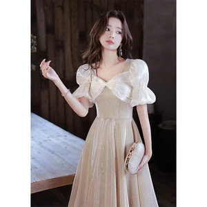 Champagne Bridesmaid Dress With Puff Sleeves Sweetheart Neckline Vintage Style Mid Length Polyester Fabric - Product Image 1