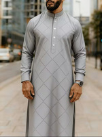 ODM OEM Thobe et Dishdasha pour hommes, à manches longues, col montant, demi-fermeture quatre boutons, imprimé, style ethnique arabe, pour affaires et fêtes, vente en gros et personnalisation