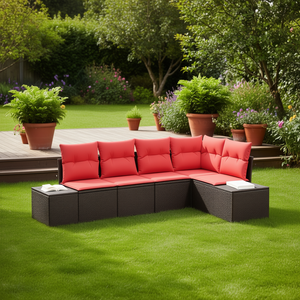 Poly Rattan Garden <b>Sofa</b> <b>Set</b> Brown 5 Piece With Cushion Outdoor Furniture Contemporary Design - Product Image 2