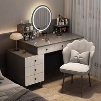 Coiffeuse moderne en panneaux de pin avec miroir éclairé réglable, sensation de luxe haut de gamme, pour chambre à coucher et usage hôtelier