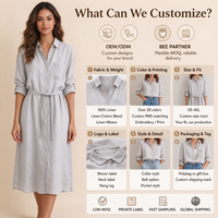 Robe chemise en lin gris clair OEM en gros, taille nouée, manches retroussées, longueur midi, vêtements d'été décontractés pour femmes
