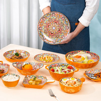Plats à manger de style bohême populaires, assiettes, bol d'alimentation, ensembles de vaisselle, ensemble de table à dîner en céramique rétro pour la maison et la cuisine