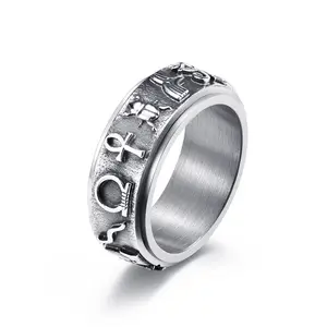 Stainless Steel Double Rotatable Spinner Anxiety Relief Ring Ancient Egypt Symbols Lucky Rings For Women Men