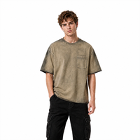T-shirt Homme Lourd 330 GSM en Coton Pur, Délavé à l'Acide, Effet Vintage Monkey Spray, avec Poche, Style Streetwear, Uni