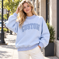 Sweat-shirt à col rond pour femme, personnalisé OEM, imprimé brodé, style preppy, bleu clair, avec bordure en gingham, manches longues, pour l'hiver