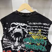 Camiseta Gráfica de Streetwear Estadounidense con Estampado de Calavera Anime y Pedrería, Sin Mangas, de Marca de Diseñador, con Efecto Lavado, para Hombre, Majestik