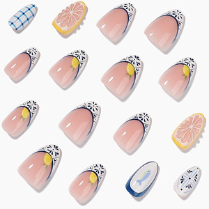 Ongles à presser French Manucure Ovale, motif floral bleu citron estival, peints à la main, réutilisables, effet 3D glacé, modèle populaire US/UE - Product Image 4