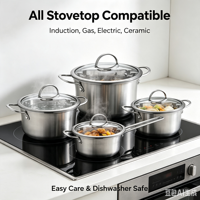 Ensemble de casseroles en acier inoxydable moderne de 8 pièces, avec couvercle en verre, sans revêtement, compatible induction, respectueux de l'environnement, passe au lave-vaisselle