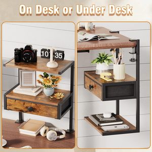 Estante de almacenamiento de escritorio de doble capa de madera con cajón, organizador de oficina, montaje en mesa, marrón, negro, blanco - Product Image 2