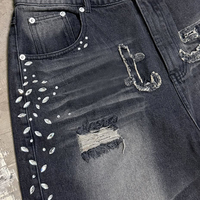 Shorts en jean nylon et coton à taille mi-haute, coupe droite, style streetwear décontracté, hip-hop rétro, avec broderie personnalisée de haute qualité et strass
