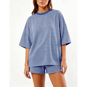 Women 2 Piece Striped <b>Lounge</b> Set Short Sleeve Oversized T-Shirt Pjs Shorts Casual Matching Pajamas Set - Product Image 2