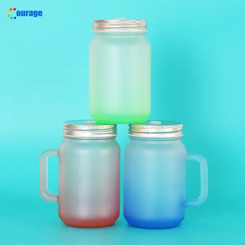 Courage Hot Selling Custom Gradient Colored Frosted Sublimation Blank Glass Mason Jars Tumbler With Lid and Plastic Straw Handle