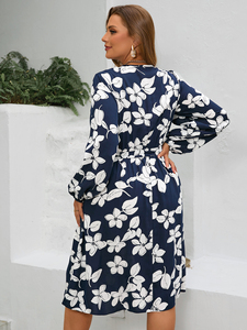 Vestido informal de talla grande para mujer, vestido Midi de vacaciones con estampado Floral de manga larga elegante a la moda, vestido holgado de talla grande con cinturón - Product Image 3