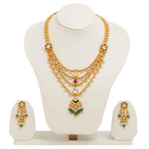 Ensemble de collier superposé plaqué or avec pierres rouges et vertes, perles pendantes et boucles d'oreilles assorties, bijoux de mariage pour mariée - Product Image 1