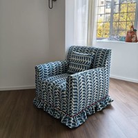 Kursi Sofa Tunggal Kain Cetak Vintage Prancis, Furnitur Ruang Tamu Ukuran Kecil Bergaya Pedesaan Amerika dengan Hiasan Rumbai Biru