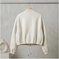 Blouson Bomber en Peau de Mouton Crème pour Femme, Col Baseball, Fermeture à Boutons Dissimulés, Ourlet à Cordon de Serrage, Coupe Ample Courte, Manteau Décontracté en Cuir pour le Quotidien