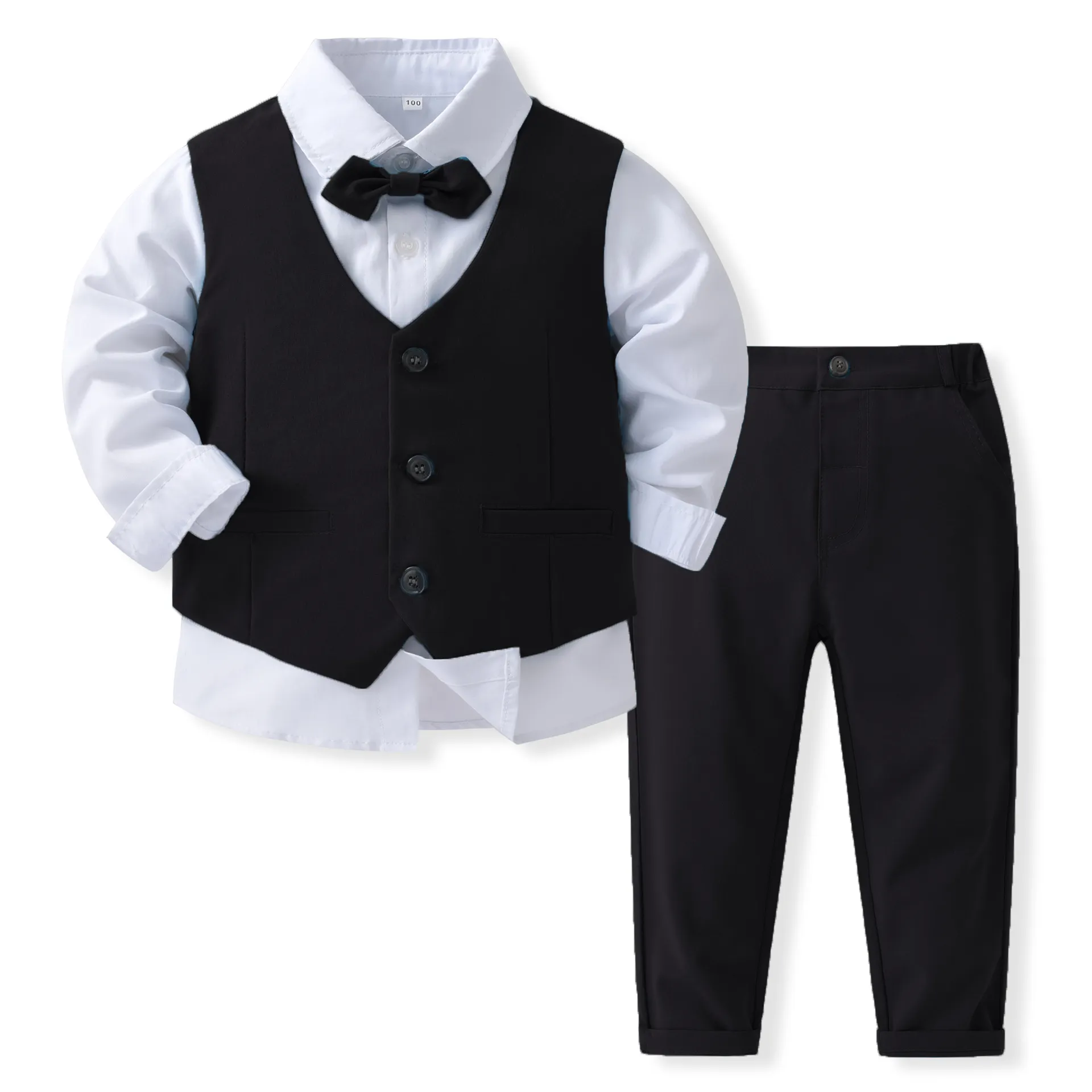 Kids Black Suit Vest Long Sleeve Shirt Bow Tie Baby Boy Clothes Formal Boy Clothing Sets 1 to 6 Years Children's Party Clothes