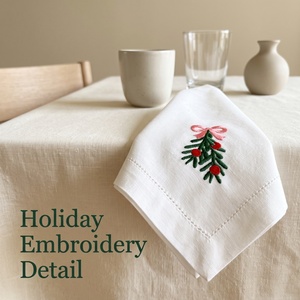 <b>Christmas</b> Embroidered Square <b>Linen</b> Napkins Traditional Handmade <b>Table</b> Decoration with Gingerbread Candy Cane Tree Ornament - Product Image 5
