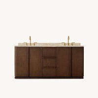Meuble-lavabo de salle de bain moderne de luxe américain en bois massif avec base en bois et plan de travail en marbre, double vasque, écologique et durable