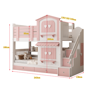 Cama Infantil Personalizada JINS de MDF con Tobogán, Cama Superior e Inferior, Diseño de Castillo de Princesa Rosa, Cama Tipo Casa de Árbol para Dormitorio, Cómoda - Product Image 5