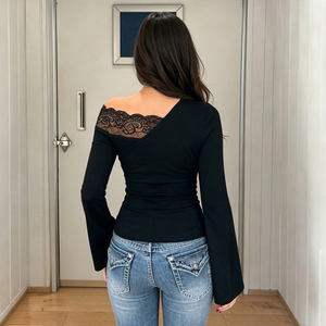 Womens Black Asymmetric off Shoulder Lace Solid Regular Fit Long Sleeve Summer Casual T Shirt Elegant Streetwear <b>Top</b> - Product Image 6