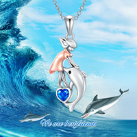 Collier pendentif dauphin bicolore en argent sterling 925 avec zircon bleu en forme de cœur, chaîne de 18+2 pouces, par Ocean Jewelry