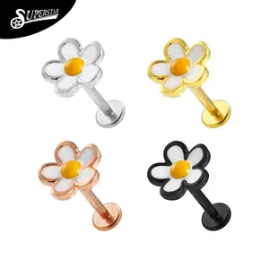 Chrysanthemum Cute Flowers Plain Earrings Gold Enamel Stainless Steel Pierced Jewelry Lip Studs Labret
