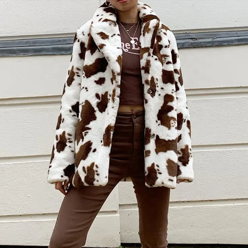 Womens Cow Print Faux Fur Winter Suit Jacket Coat Button Two Side Pockets Sherpa Pullover