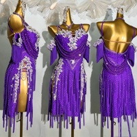 Robe de danse latine à franges très populaire pour femmes, avec strass et dentelle, costume de compétition de salsa et tango, robe de bal à épaules dénudées