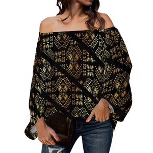 Mais recente Design Tamanho Grande Senhoras Fora Do Ombro Chiffon Blusas Camisa Tatuagem Polinésia Impresso Mulheres Tops Lanterna Manga Blusa - Product Image 4
